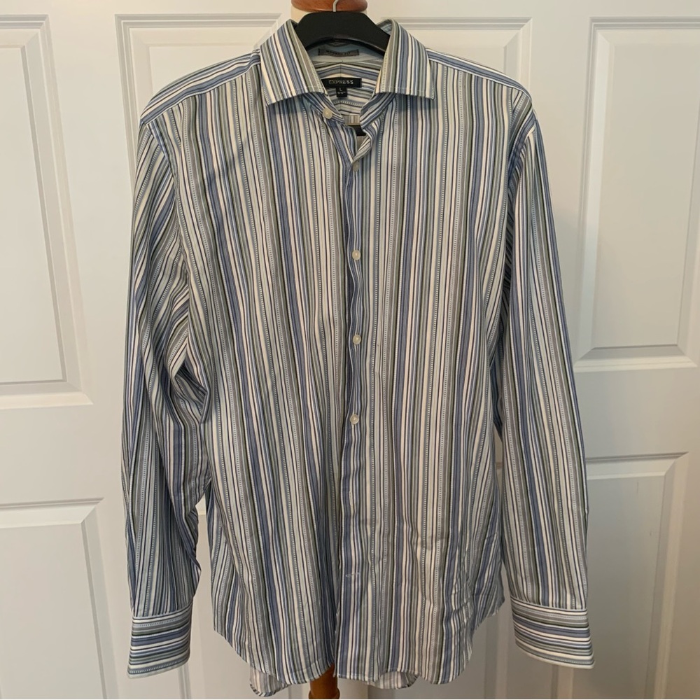 Express Men’s Modern Fit Blue/Green Striped Dress Shirt